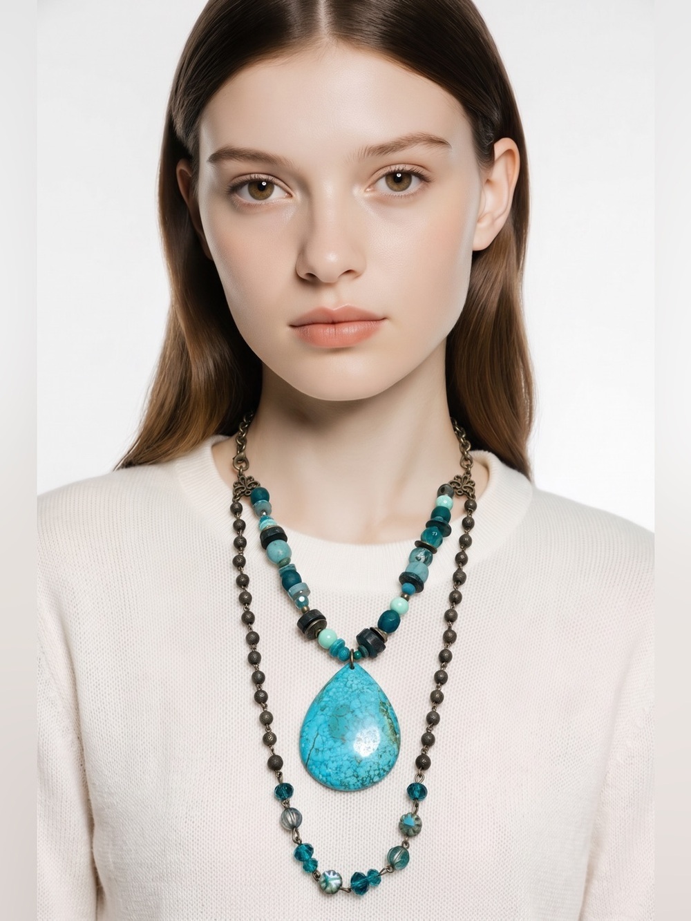 NWT Czech Turquoise Teardrop Picasso Flower Bead Necklace Antique Brass